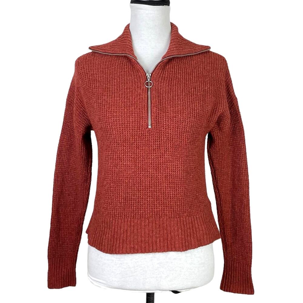 William Rast | Rust Red Waffle Knit 1/4 Zip Cropped Long Sleeve Sweater